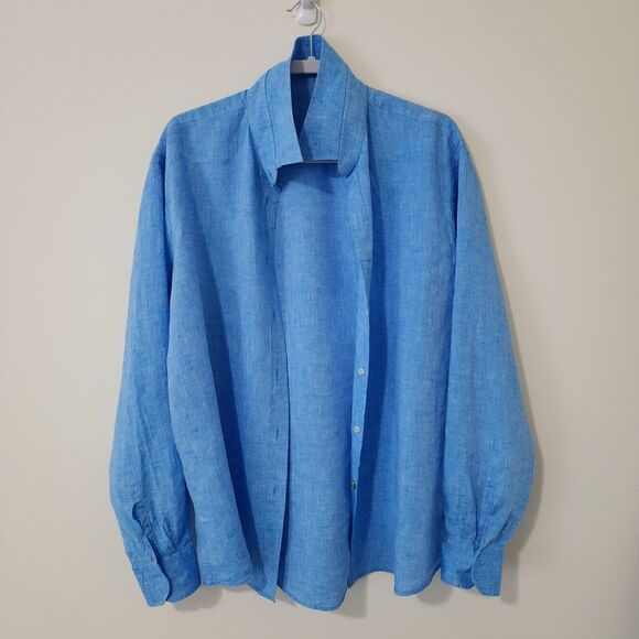 Men's Linen Button-Down Shirt Made in Italy Heather Blue Long Sleeve Size XXL - Picture 3 of 10